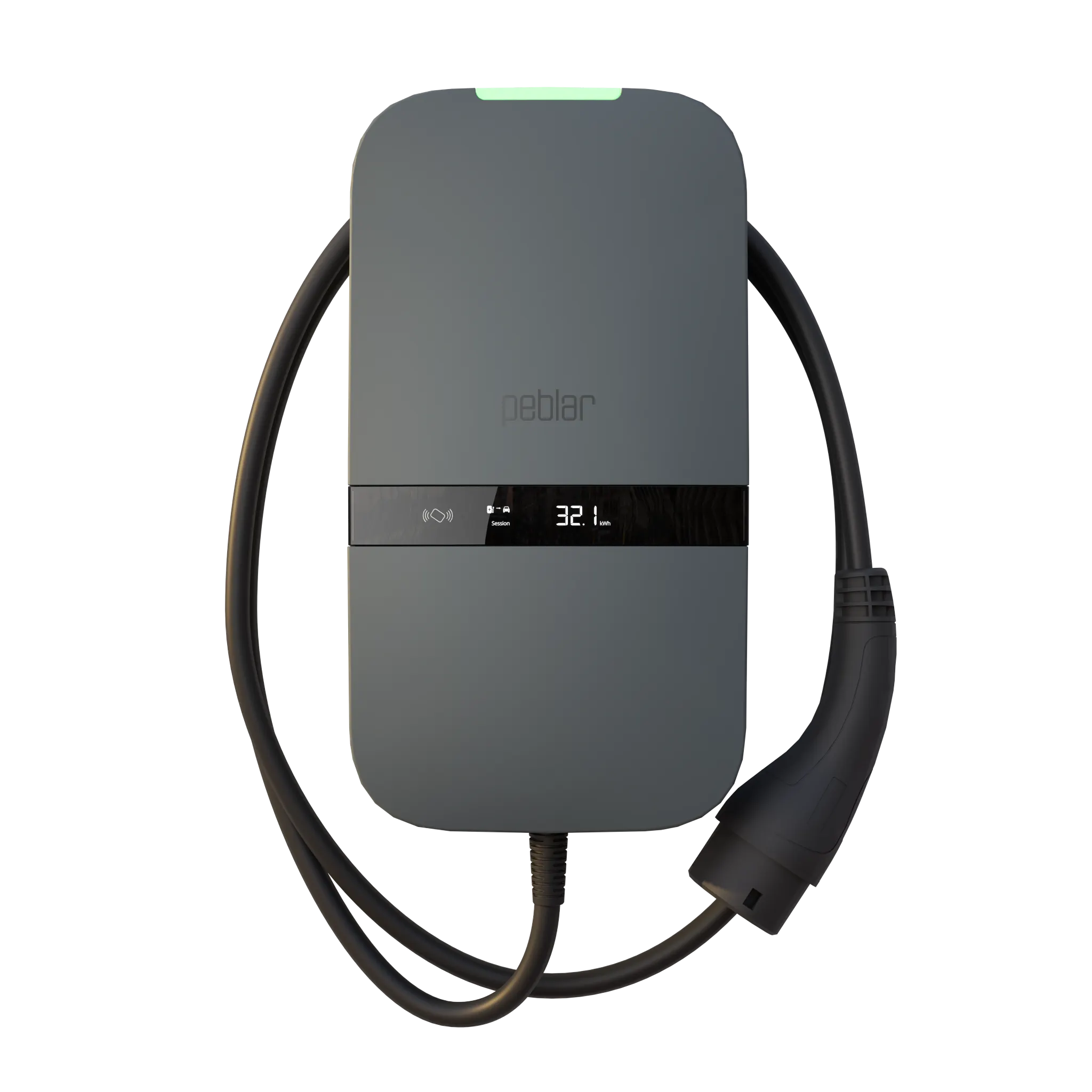 The Peblar Business charger with a fixed Type 2 cable and integrated display