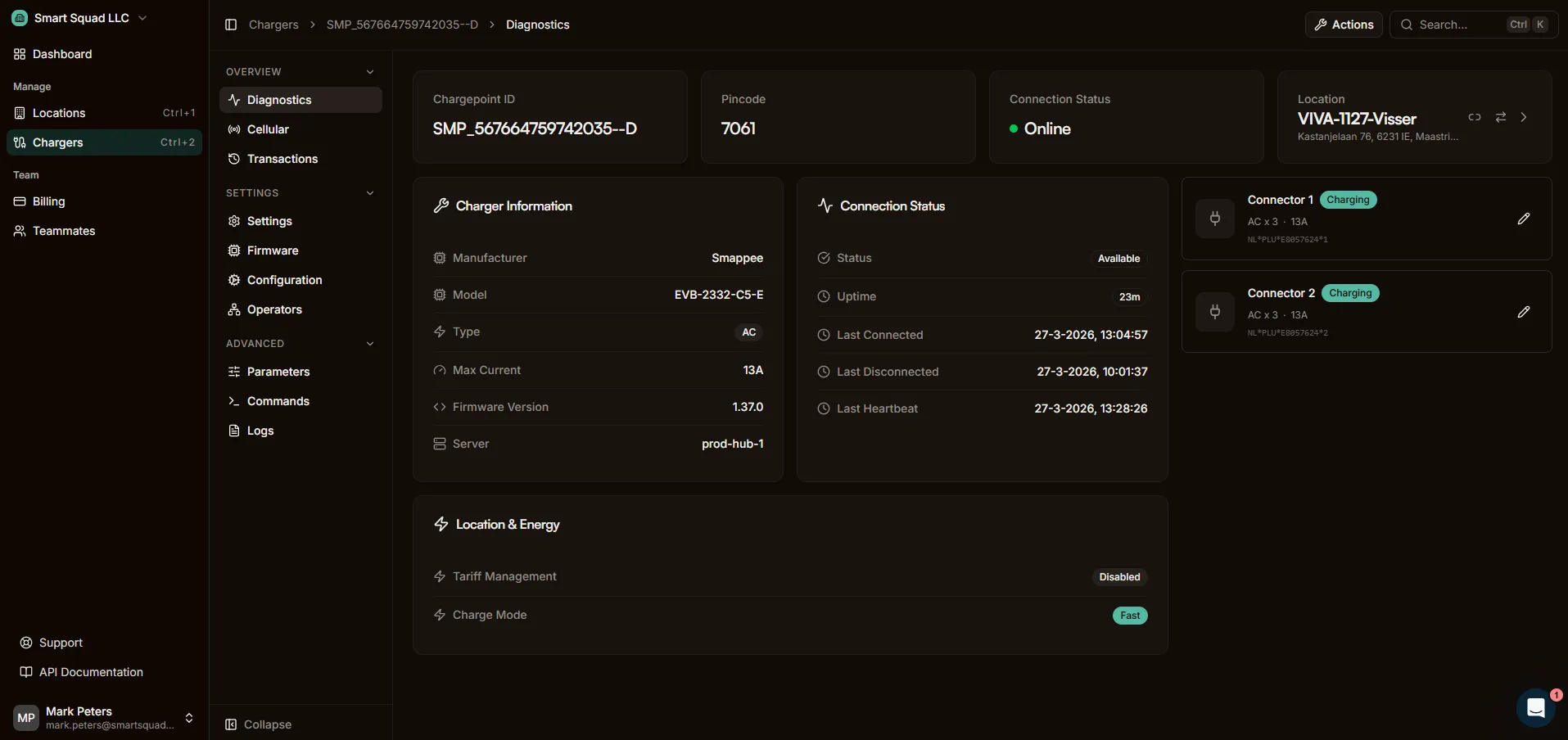 Plugchoice web portal charger diagnostics dark mode